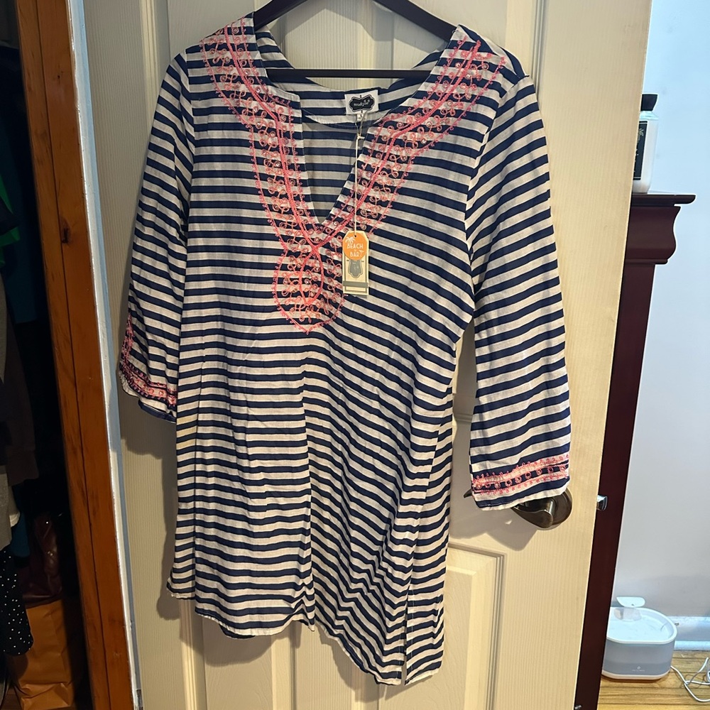 Mudpie Striped Navy & White Tunic with Pink Embroidery